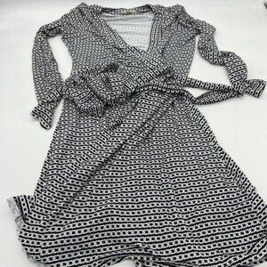 Banana Republic Womens Dress Small Navy White Wrap Long Sleeve V Neck Chain Link